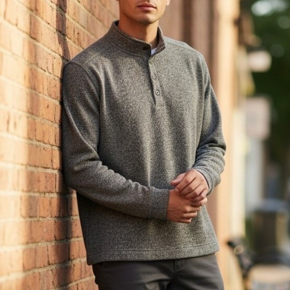 Van Heusen Flex Mens L Olive‎ Green Marled Quarter Button Mock Neck Sweater Knit